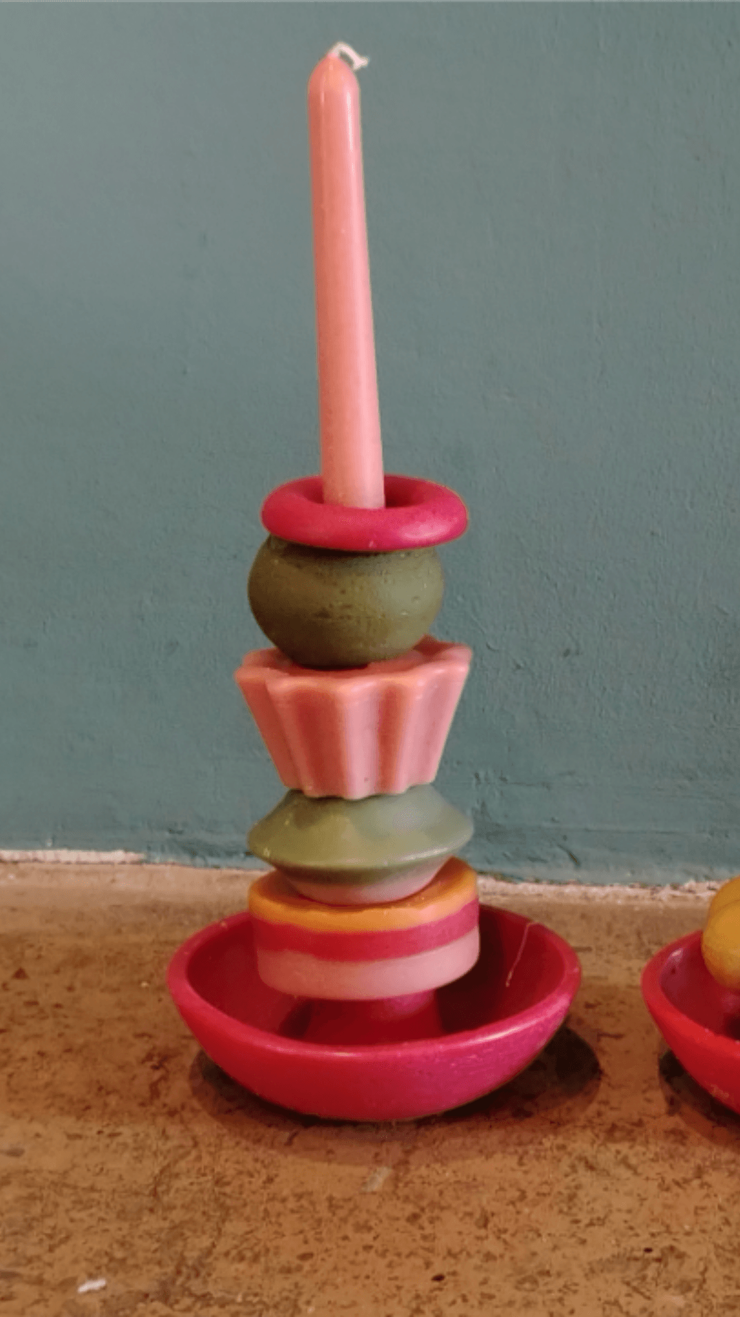 Colorful stackable candle with pink ring and sage sphere